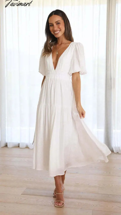 Elegant Fashion Deep V-neck Dresses for Summer Women Dress New Skinny Short Puff Sleeve Solid Midi Dress for Female
