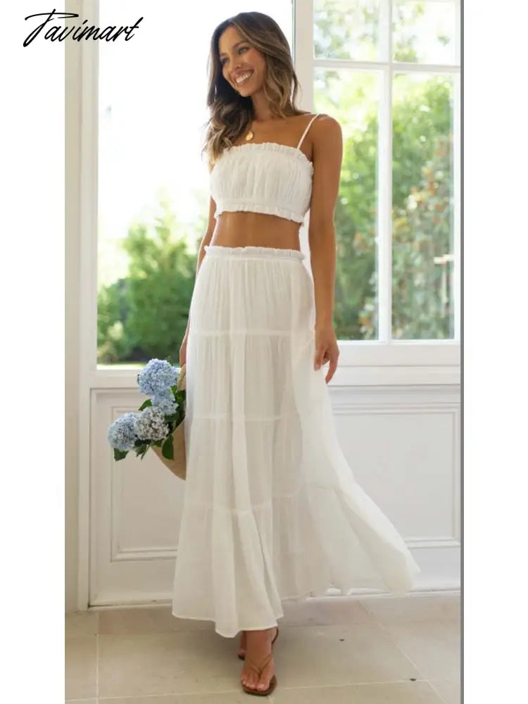 Elegant Fashion Skirt 2-Piece Set for Women Summer Skirt Sets Open Waist Sexy Lace Short Strap+A-line Maxi Skirt Suits