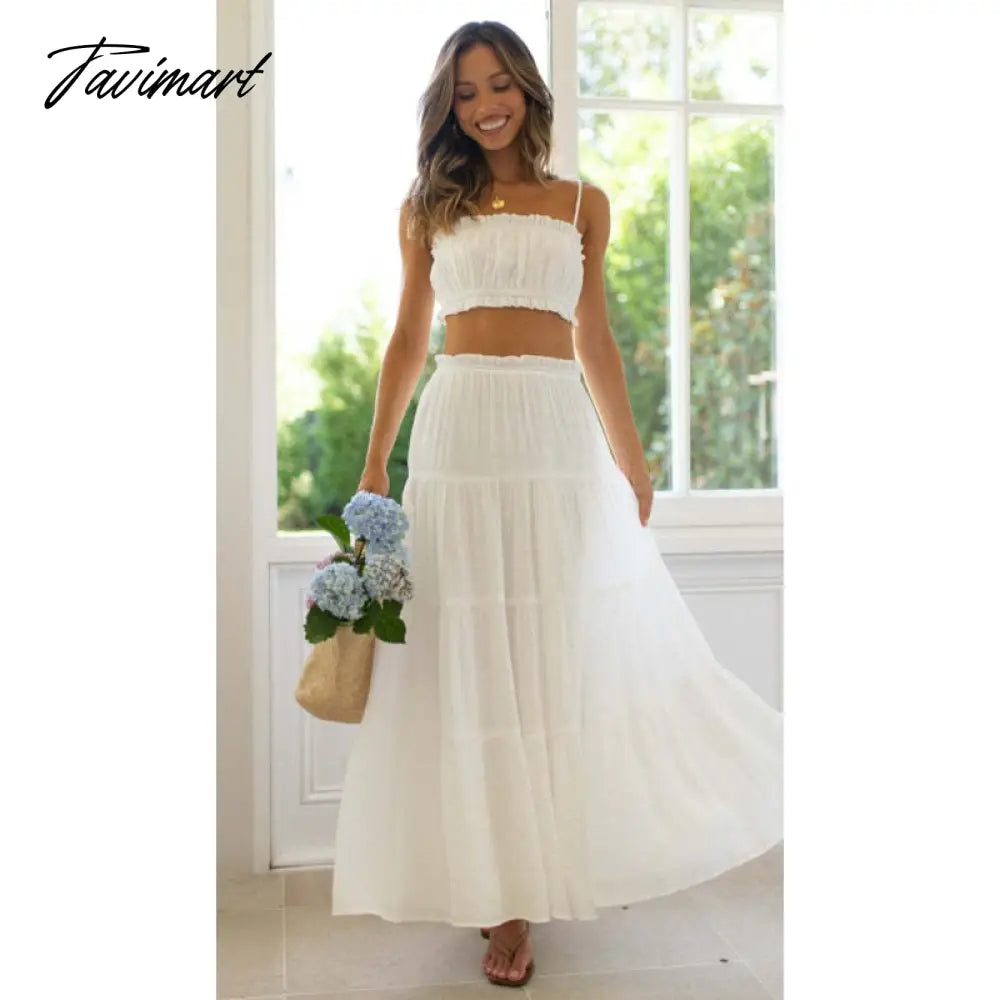 Elegant Fashion Skirt 2-Piece Set for Women Summer Skirt Sets Open Waist Sexy Lace Short Strap+A-line Maxi Skirt Suits