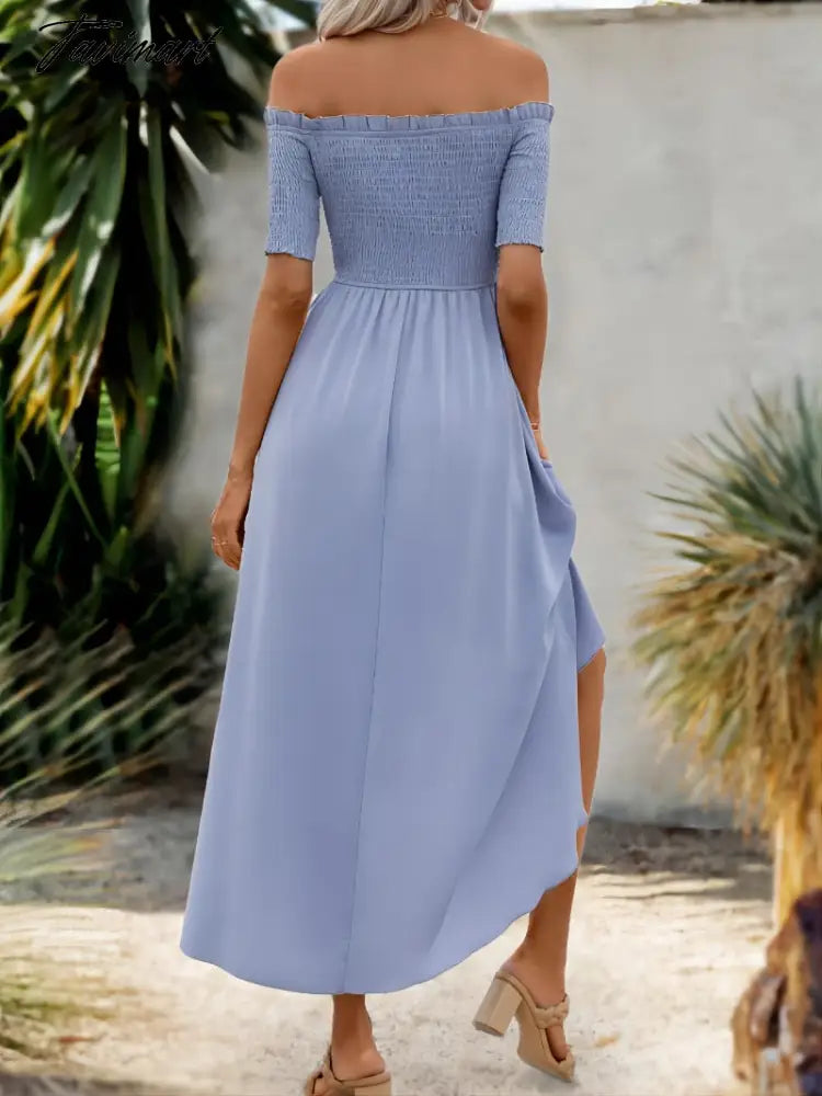 Elegant Fashion Women Summer Dresses New Slash Neck Solid Short Sleeve Skinny elastic High Waist A-line Midi Dress