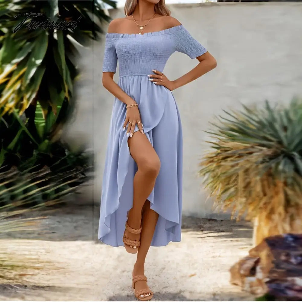 Elegant Fashion Women Summer Dresses New Slash Neck Solid Short Sleeve Skinny elastic High Waist A-line Midi Dress