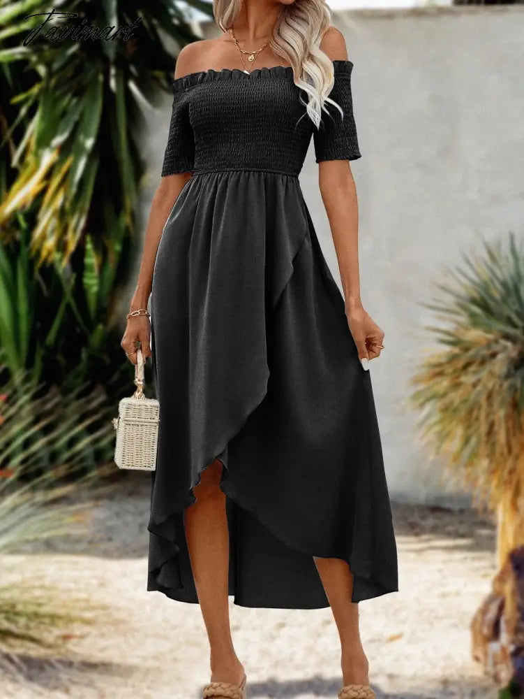Elegant Fashion Women Summer Dresses New Slash Neck Solid Short Sleeve Skinny elastic High Waist A-line Midi Dress