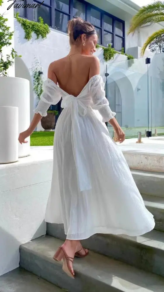 Elegant Fashion Women Summer Dresses Sexy Backless Lace-up Short Sleeve Dress New Slash Neck Solid Slim Maxi Dress