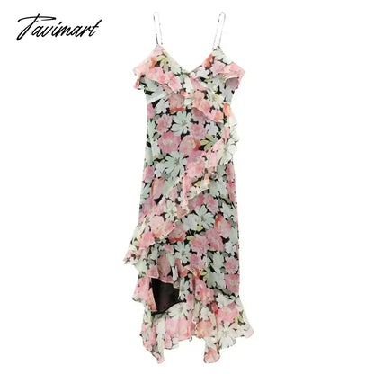 Elegant Floral Printed Women's Irregular Midi Dress Sexy Backless Ruffles Pleat Dresses Robe Fashion Female High Streetwear
