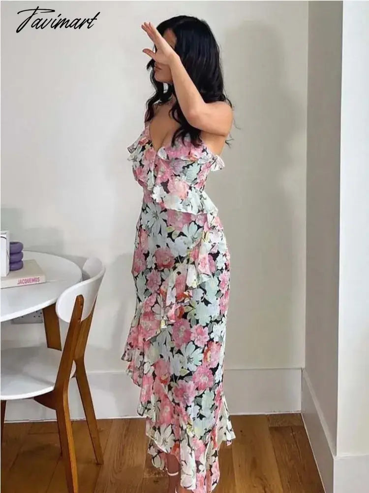Elegant Floral Printed Women's Irregular Midi Dress Sexy Backless Ruffles Pleat Dresses Robe Fashion Female High Streetwear