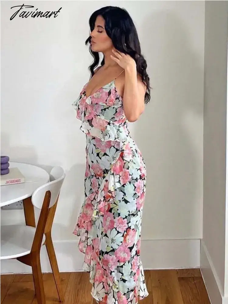 Elegant Floral Printed Women's Irregular Midi Dress Sexy Backless Ruffles Pleat Dresses Robe Fashion Female High Streetwear
