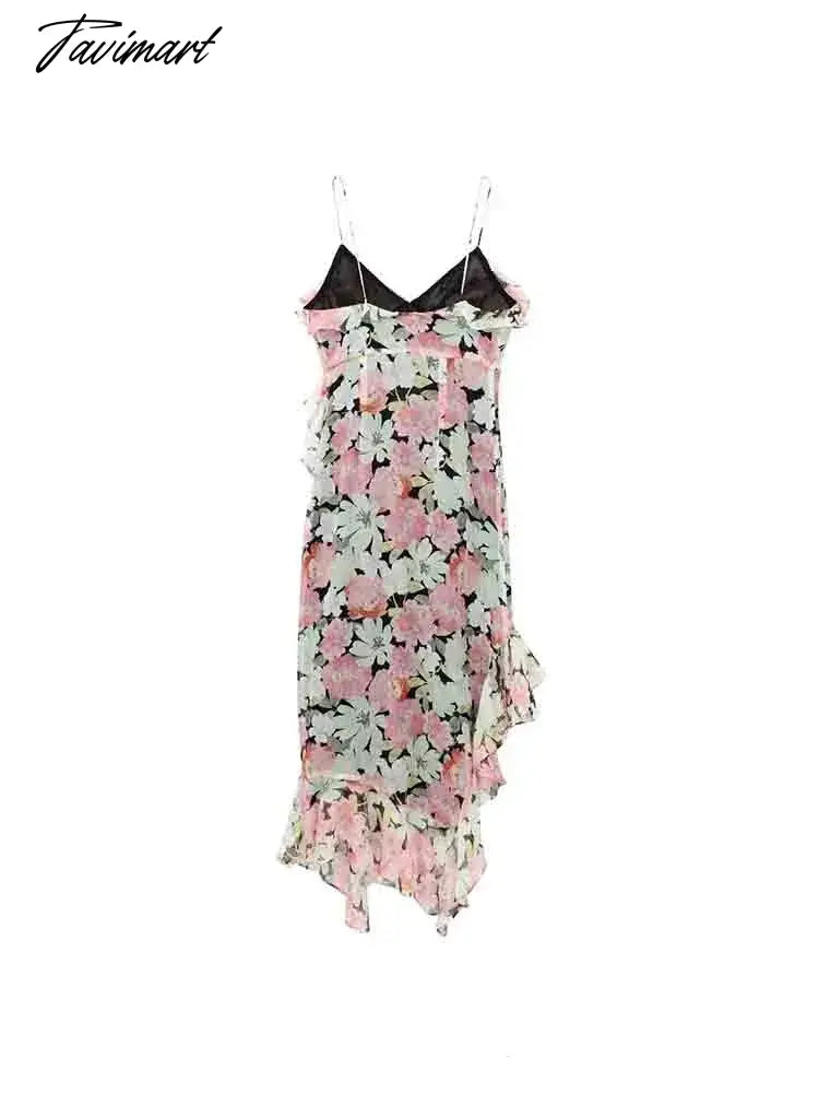 Elegant Floral Printed Women's Irregular Midi Dress Sexy Backless Ruffles Pleat Dresses Robe Fashion Female High Streetwear