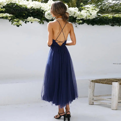 Elegant Gazue Dresses for Women Sexy V Neck Backless Solid Women's Dress A-Line Summer Party Evening Suspender Female Clothing