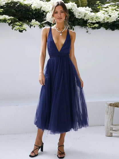 Elegant Gazue Dresses for Women Sexy V Neck Backless Solid Women's Dress A-Line Summer Party Evening Suspender Female Clothing