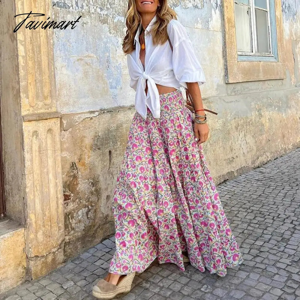 Elegant Graphic Print Skirt For Women Summer Beach High Waist A-line Long Skirts Women Clothing Fashion Loose Folds Skirt