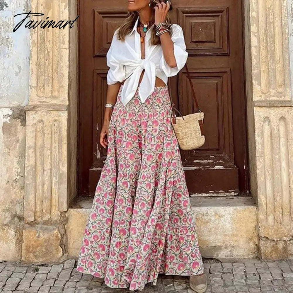 Elegant Graphic Print Skirt For Women Summer Beach High Waist A-line Long Skirts Women Clothing Fashion Loose Folds Skirt