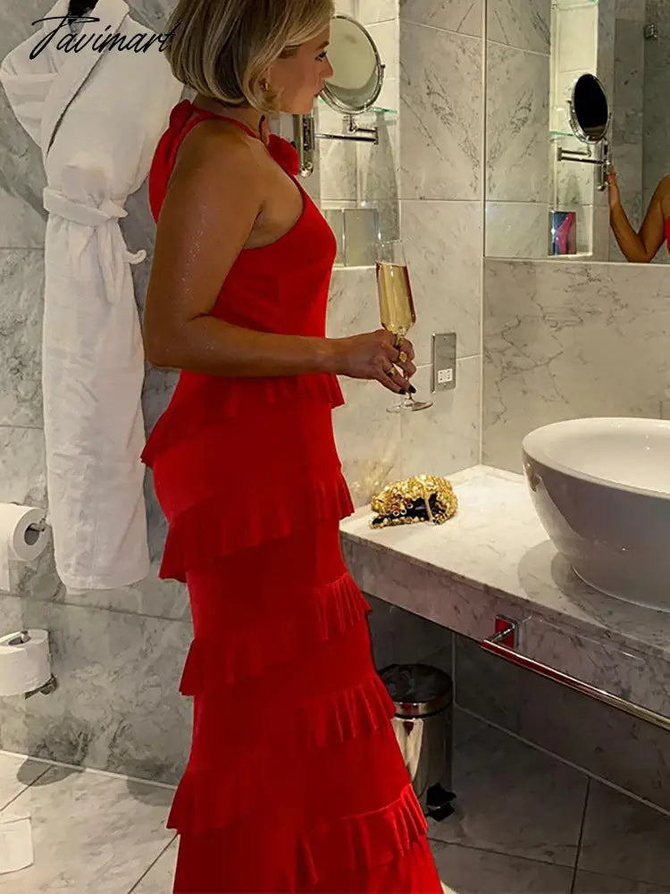 Elegant Hollowed-out Halter Ruffled Dresses For Women Sexy Backless Off Shoulder Slim Dress Female Nightclub Evening Robes