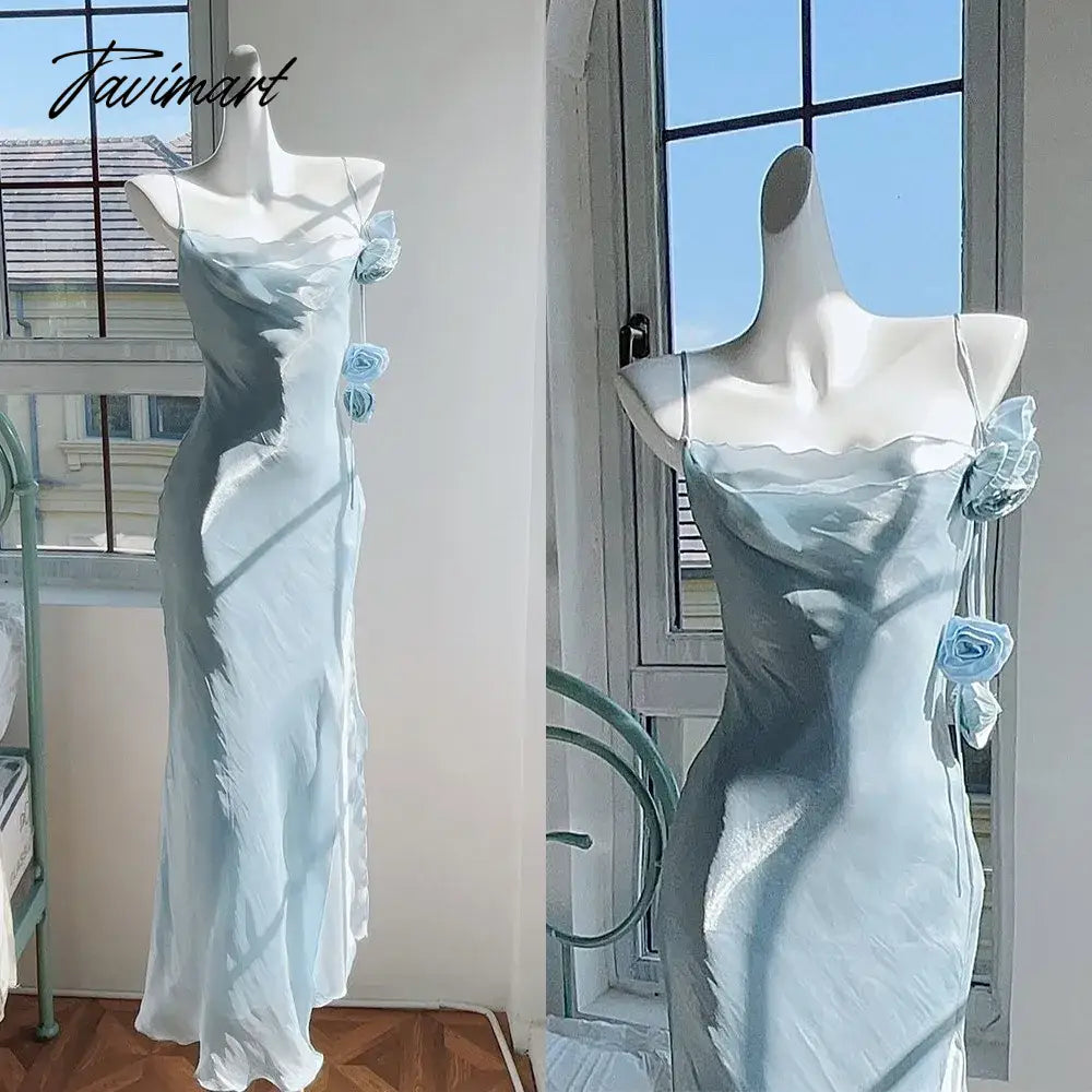Elegant Ice Blue Spaghetti Strap Slim Fitting Women's Dress Rose Decoration Pleated Boat Neck Irregular Eage Birthday Party Gown