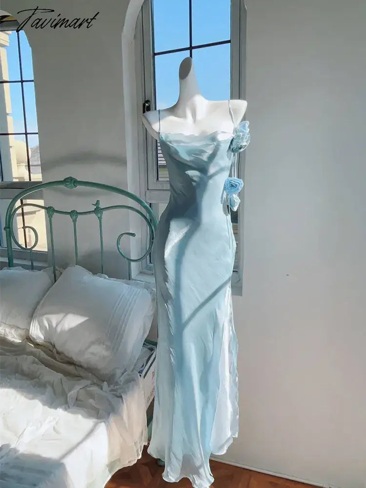 Elegant Ice Blue Spaghetti Strap Slim Fitting Women's Dress Rose Decoration Pleated Boat Neck Irregular Eage Birthday Party Gown