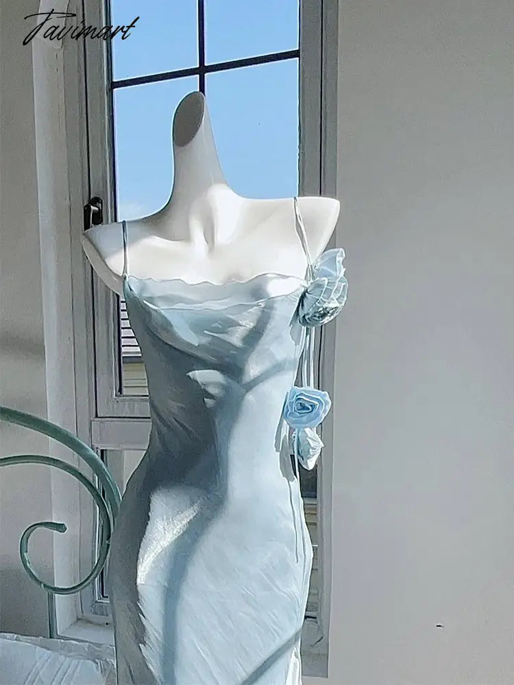 Elegant Ice Blue Spaghetti Strap Slim Fitting Women's Dress Rose Decoration Pleated Boat Neck Irregular Eage Birthday Party Gown