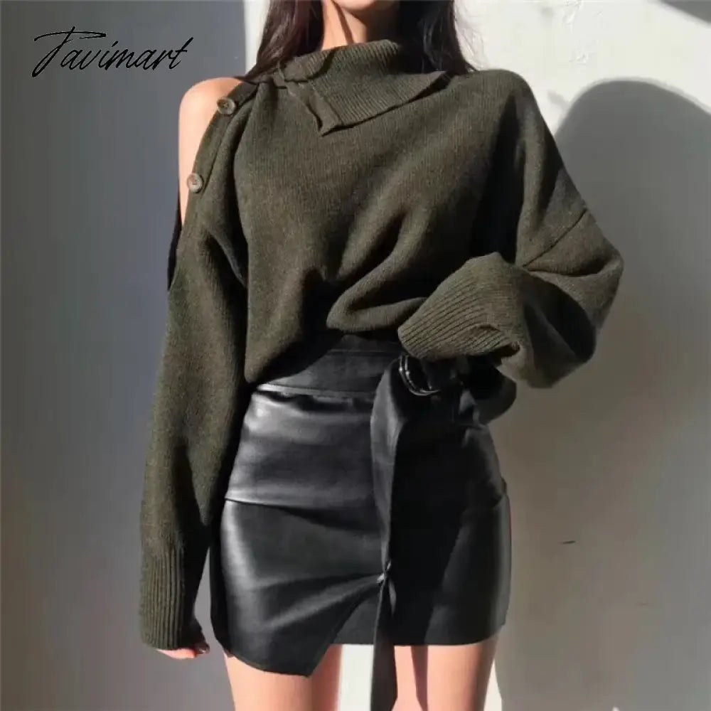 Elegant Ladies Sweater Sexy Hollow High Neck Loose Knit Pullover Women Casual Solid Color Top Coat Autumn and Winter New Khaki