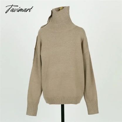 Elegant Ladies Sweater Sexy Hollow High Neck Loose Knit Pullover Women Casual Solid Color Top Coat Autumn and Winter New Khaki