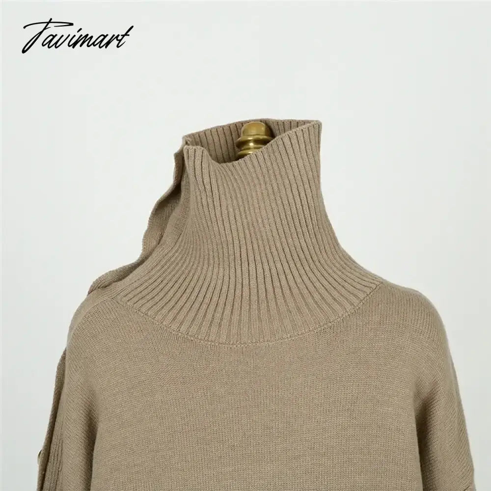 Elegant Ladies Sweater Sexy Hollow High Neck Loose Knit Pullover Women Casual Solid Color Top Coat Autumn and Winter New Khaki