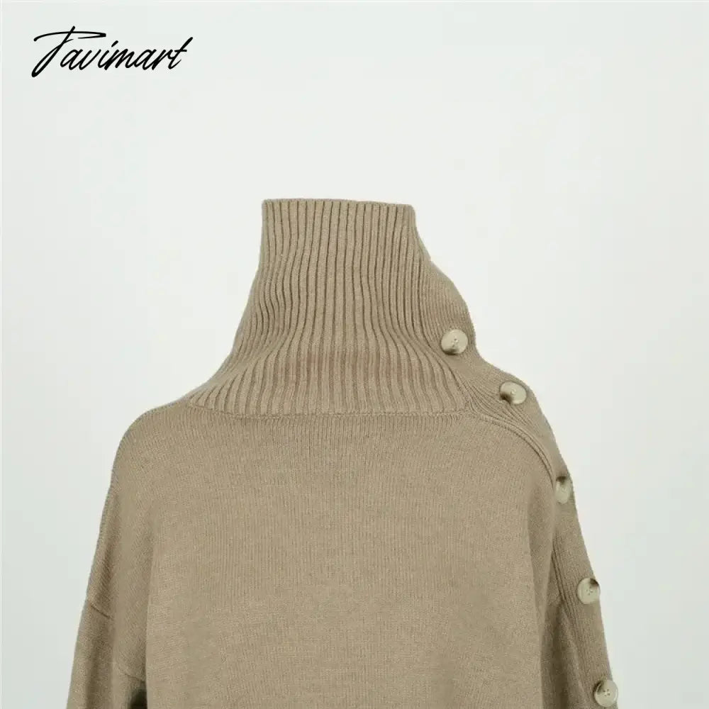 Elegant Ladies Sweater Sexy Hollow High Neck Loose Knit Pullover Women Casual Solid Color Top Coat Autumn and Winter New Khaki