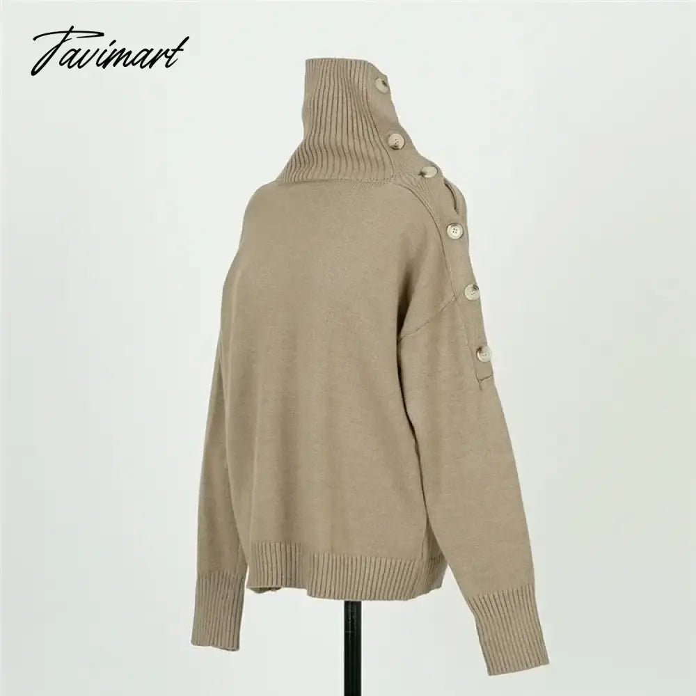 Elegant Ladies Sweater Sexy Hollow High Neck Loose Knit Pullover Women Casual Solid Color Top Coat Autumn and Winter New Khaki