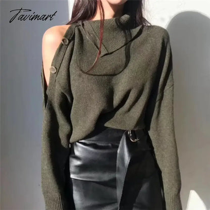 Elegant Ladies Sweater Sexy Hollow High Neck Loose Knit Pullover Women Casual Solid Color Top Coat Autumn and Winter New Khaki