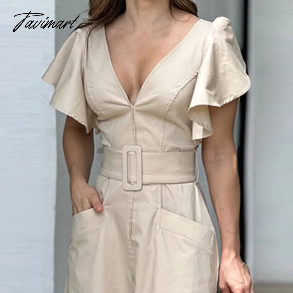 Elegant Lady Deep V Short Sleeve Summer Dress Fashion Wrap Chest Waist Pocket Flare Dress Office Commuter Belt Solid Long Dress