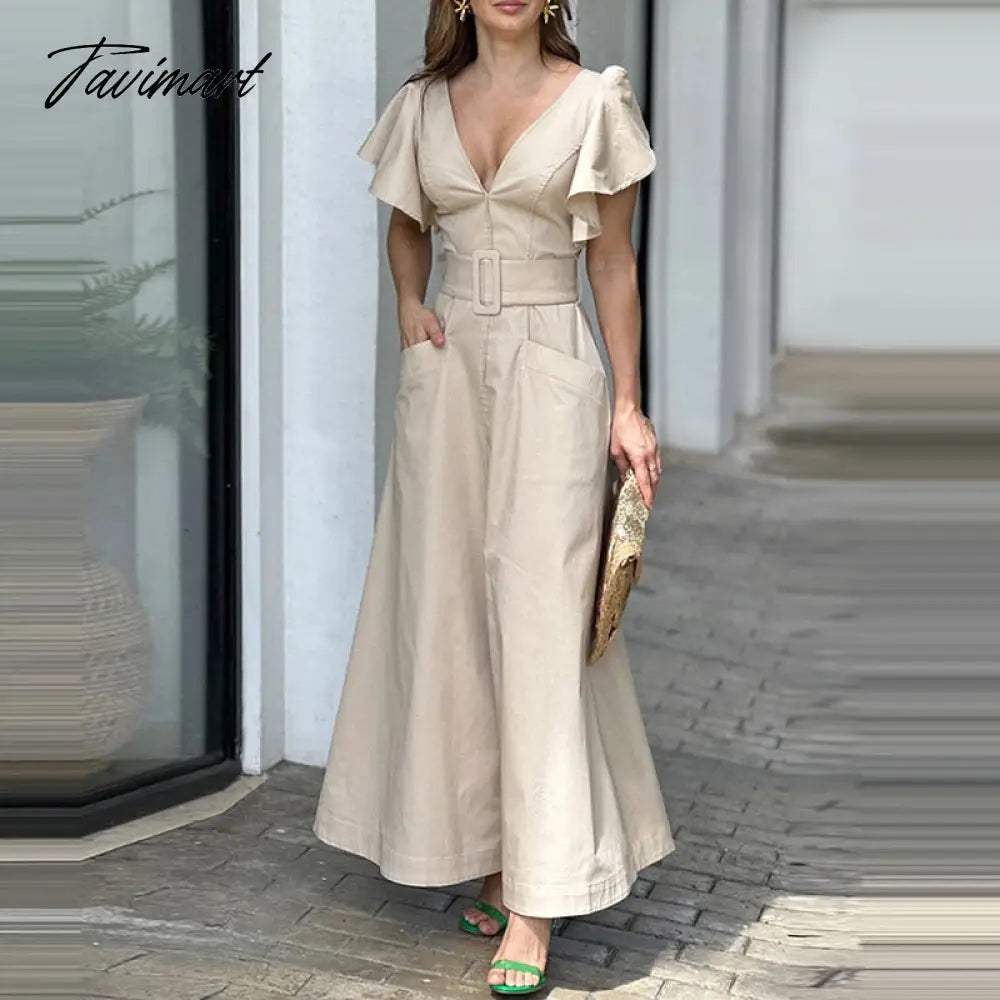 Elegant Lady Deep V Short Sleeve Summer Dress Fashion Wrap Chest Waist Pocket Flare Dress Office Commuter Belt Solid Long Dress