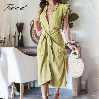 Elegant Lady Solid Bodycon Party Dress Office Fashion Lace-up Ruffle Long Dress Chic Women Clothing Deep V-neck Summer Dress