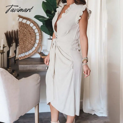 Elegant Lady Solid Bodycon Party Dress Office Fashion Lace-up Ruffle Long Dress Chic Women Clothing Deep V-neck Summer Dress