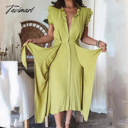 Elegant Lady Solid Bodycon Party Dress Office Fashion Lace-up Ruffle Long Dress Chic Women Clothing Deep V-neck Summer Dress