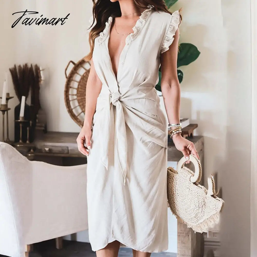 Elegant Lady Solid Bodycon Party Dress Office Fashion Lace-up Ruffle Long Dress Chic Women Clothing Deep V-neck Summer Dress