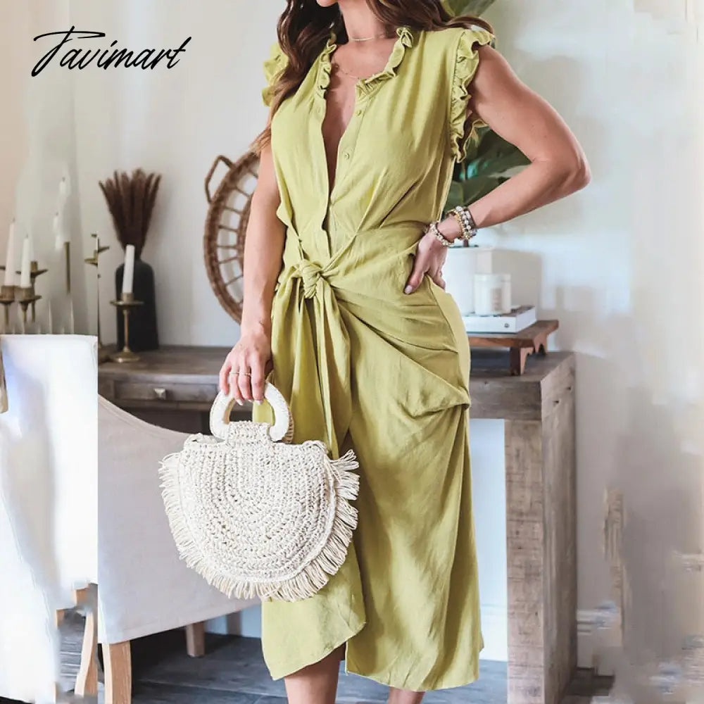 Elegant Lady Solid Bodycon Party Dress Office Fashion Lace-up Ruffle Long Dress Chic Women Clothing Deep V-neck Summer Dress