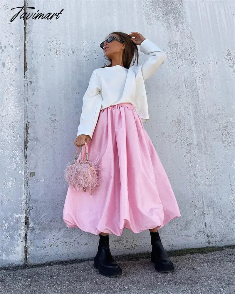 Elegant Loose Pink Skirts Women Fashion High Waist Ball Gown Skirts Spring Pleated Long Skirts Female Casual Vintage Party Dress