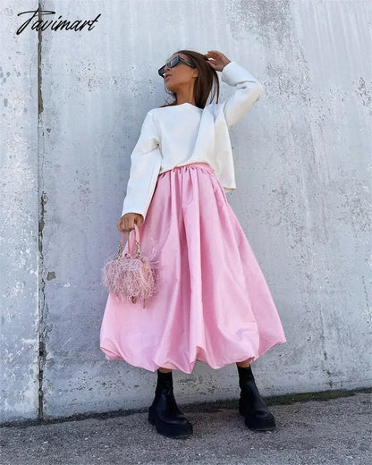 Elegant Loose Pink Skirts Women Fashion High Waist Ball Gown Skirts Spring Pleated Long Skirts Female Casual Vintage Party Dress