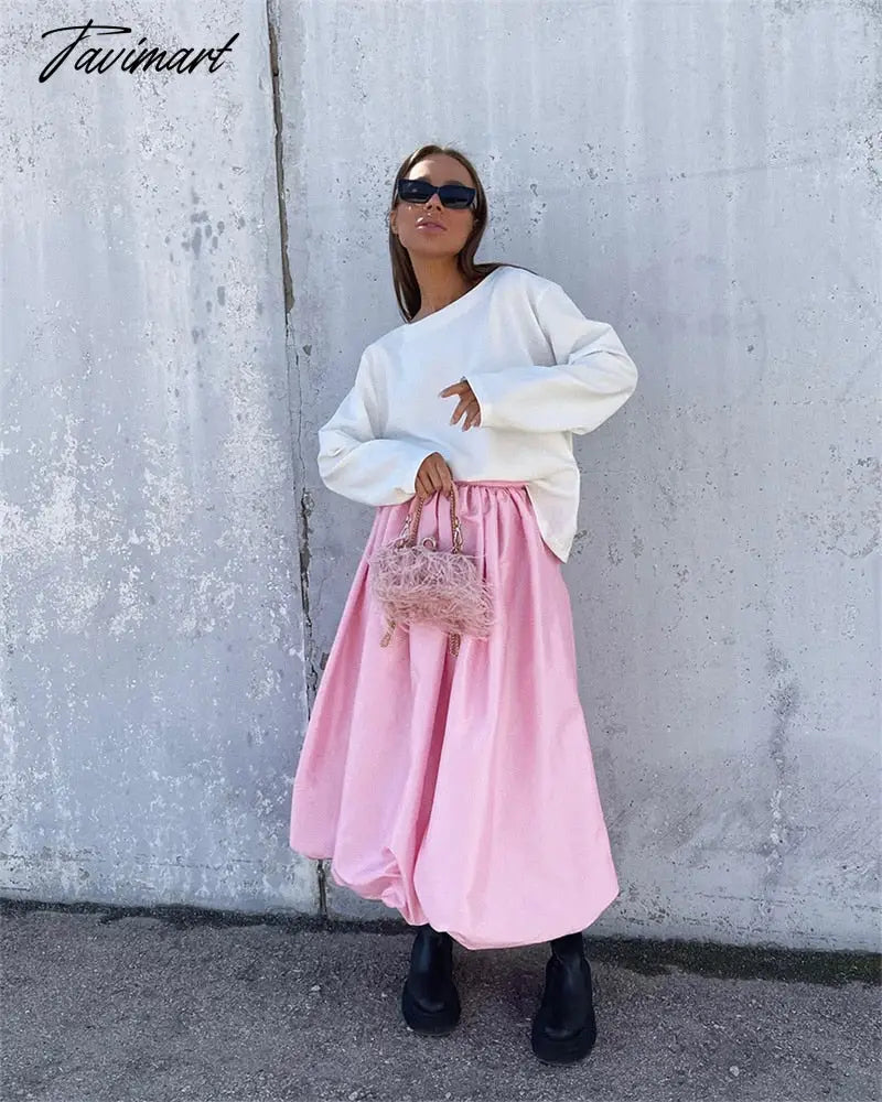 Elegant Loose Pink Skirts Women Fashion High Waist Ball Gown Skirts Spring Pleated Long Skirts Female Casual Vintage Party Dress