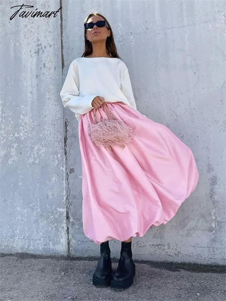Elegant Loose Pink Skirts Women Fashion High Waist Ball Gown Skirts Spring Pleated Long Skirts Female Casual Vintage Party Dress