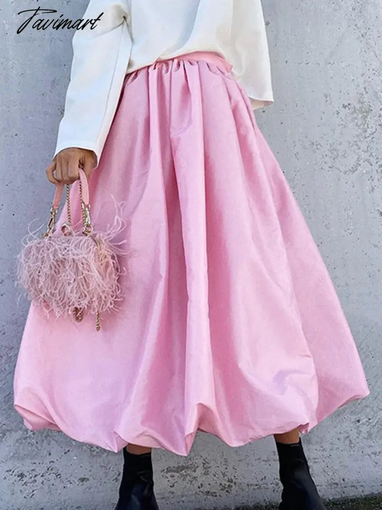 Elegant Loose Pink Skirts Women Fashion High Waist Ball Gown Skirts Spring Pleated Long Skirts Female Casual Vintage Party Dress