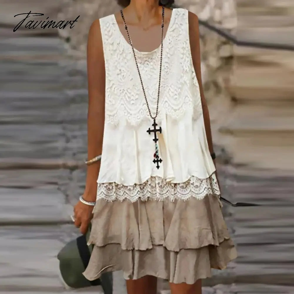 Elegant O-neck Pullover Party Dress Vintage Women Stitch Lace Dresses Casual Loose Layered Cake Dress Summer Dress Lady