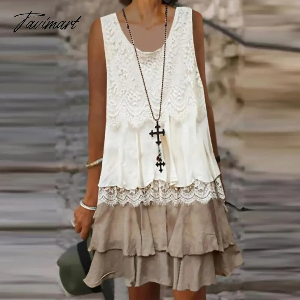 Elegant O-neck Pullover Party Dress Vintage Women Stitch Lace Dresses Casual Loose Layered Cake Dress Summer Dress Lady
