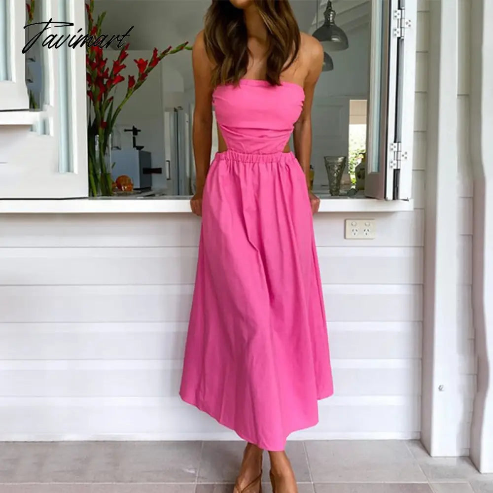 Elegant Off Shoulder Black A-Line Summer Midi Dress For Women Sleeveless Hollow Out Backless Holiday Party Dress