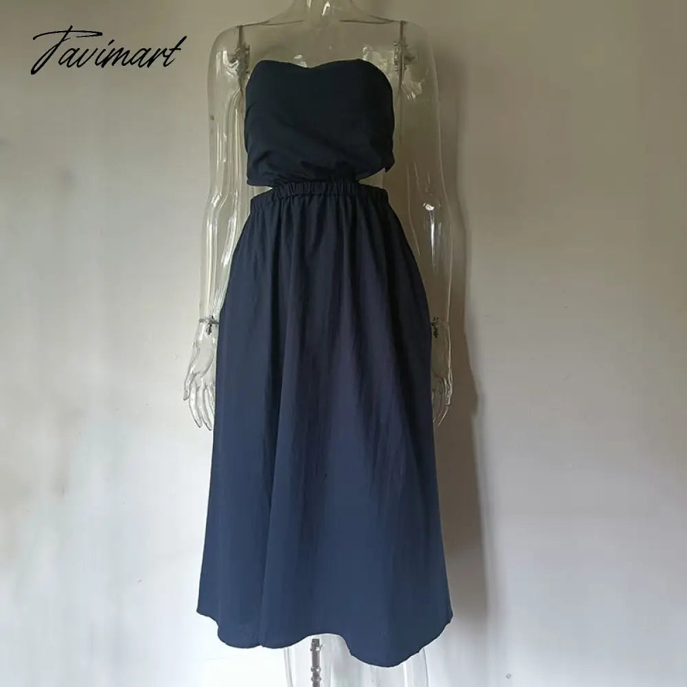Elegant Off Shoulder Black A-Line Summer Midi Dress For Women Sleeveless Hollow Out Backless Holiday Party Dress