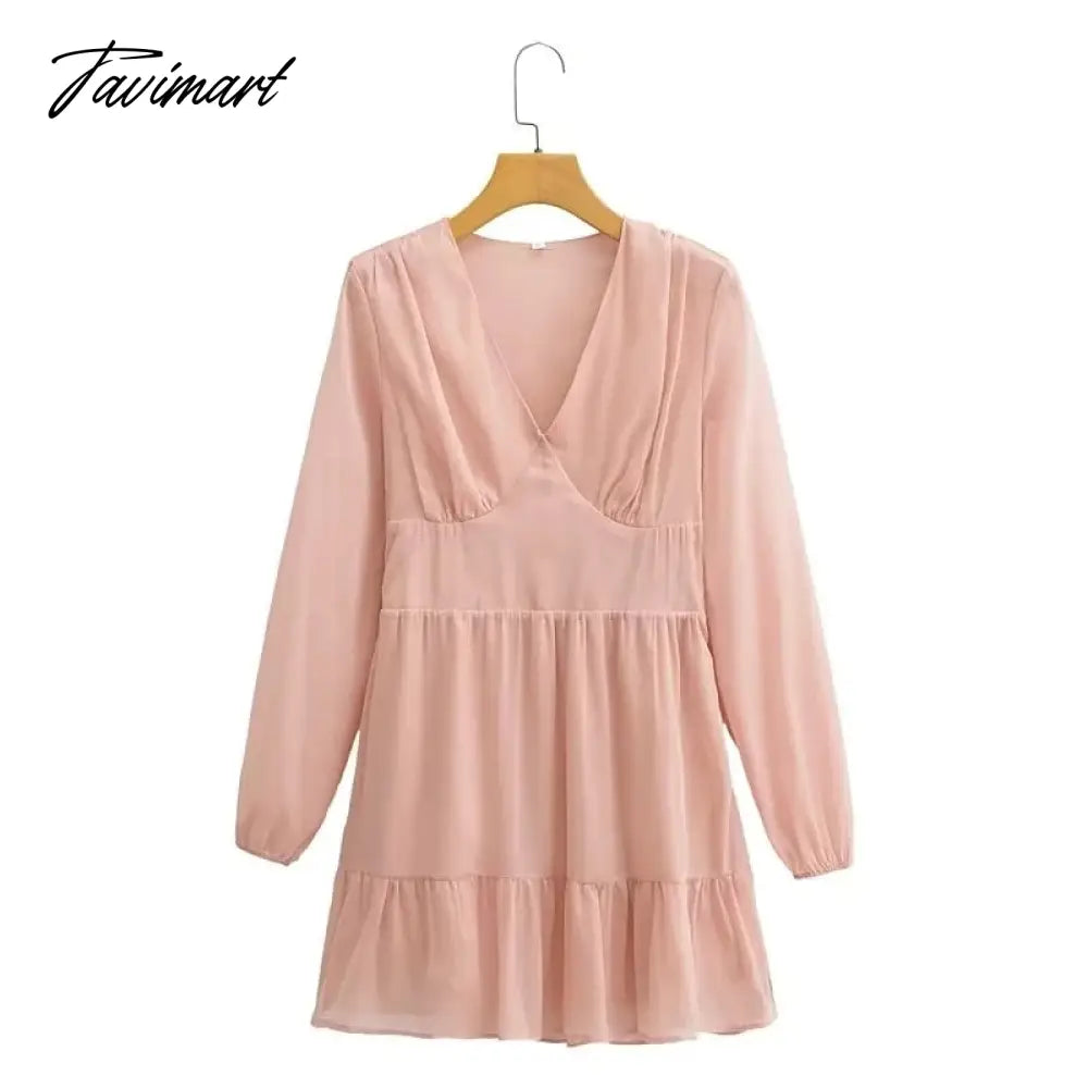 Elegant Party Mini Dress Women French Style Retro V-neck Collect Waist Solid Fashion Chiffon Dress