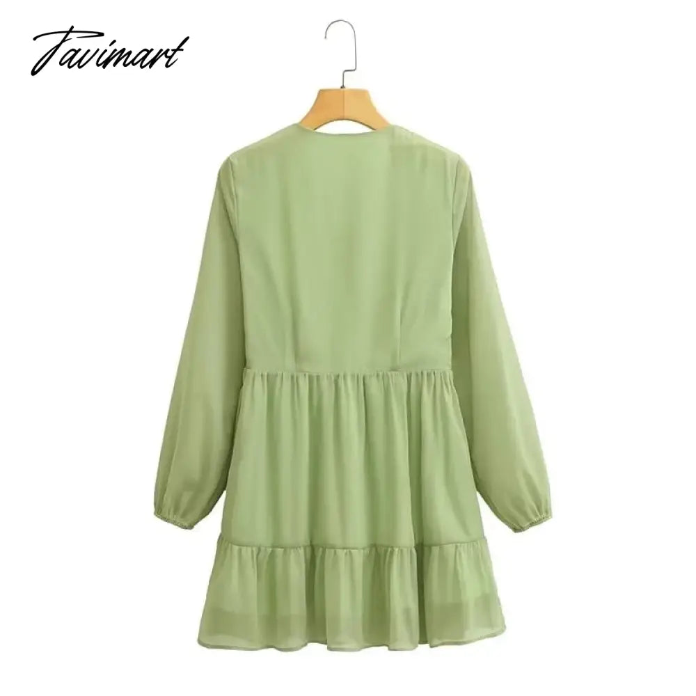 Elegant Party Mini Dress Women French Style Retro V-neck Collect Waist Solid Fashion Chiffon Dress