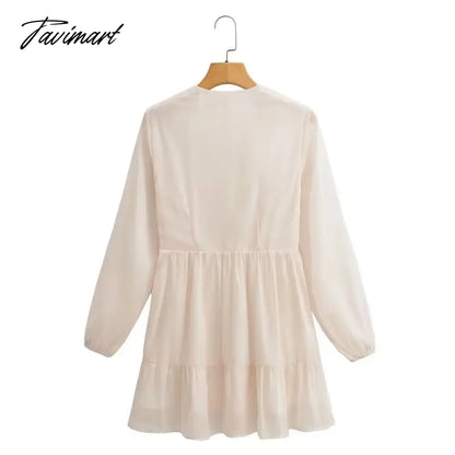 Elegant Party Mini Dress Women French Style Retro V-neck Collect Waist Solid Fashion Chiffon Dress