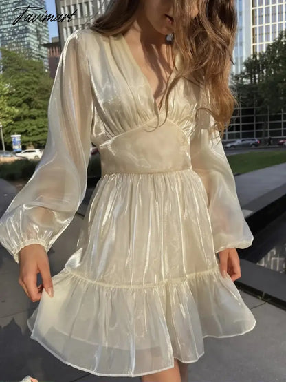Elegant Party Mini Dress Women French Style Retro V-neck Collect Waist Solid Fashion Chiffon Dress