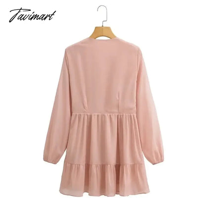 Elegant Party Mini Dress Women French Style Retro V-neck Collect Waist Solid Fashion Chiffon Dress
