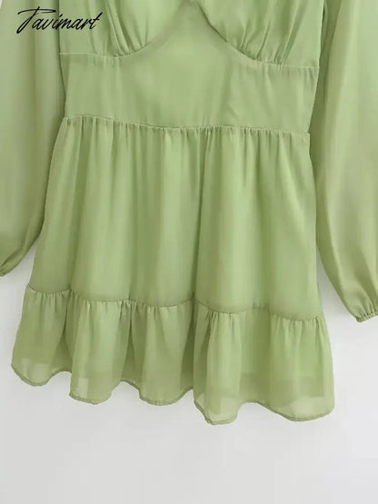 Elegant Party Mini Dress Women French Style Retro V-neck Collect Waist Solid Fashion Chiffon Dress