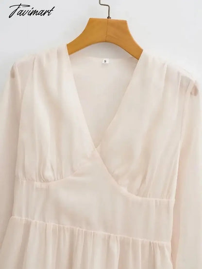Elegant Party Mini Dress Women French Style Retro V-neck Collect Waist Solid Fashion Chiffon Dress