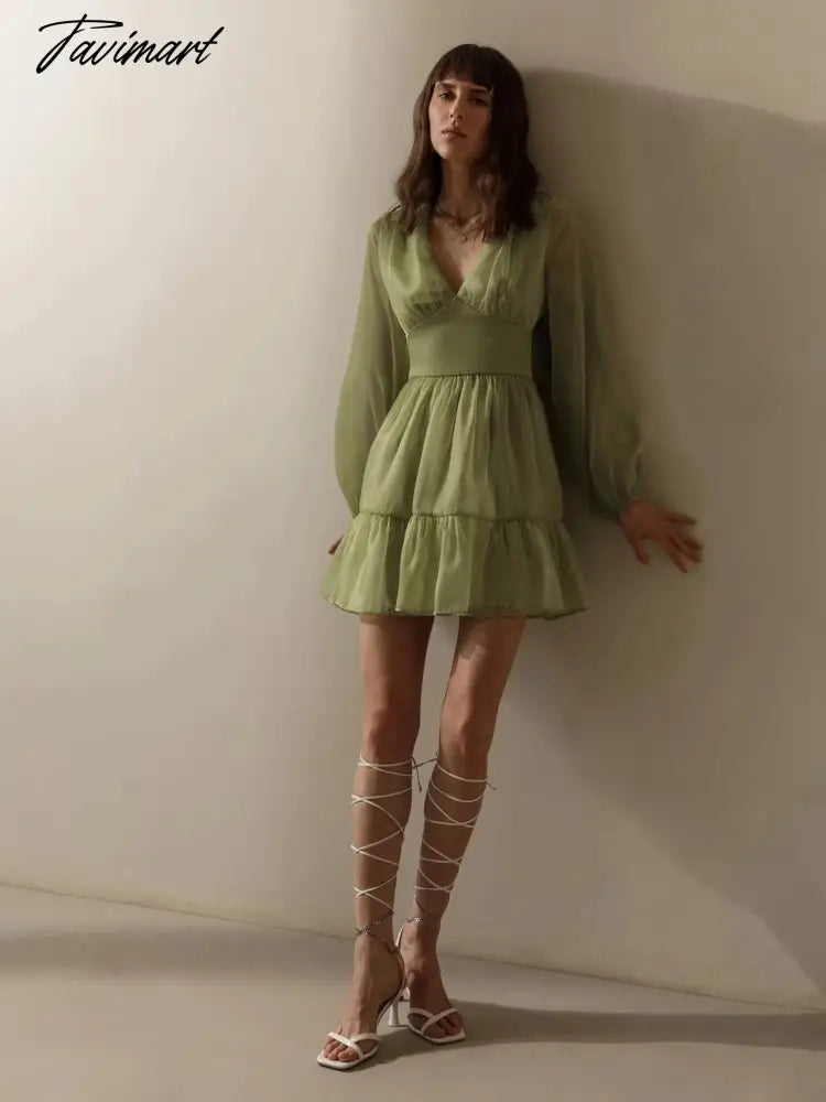 Elegant Party Mini Dress Women French Style Retro V-neck Collect Waist Solid Fashion Chiffon Dress