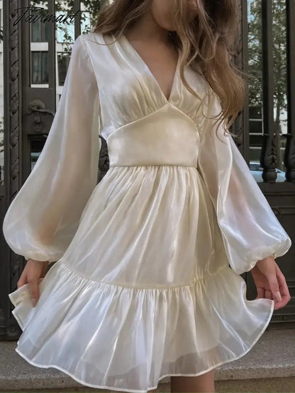 Elegant Party Mini Dress Women French Style Retro V-neck Collect Waist Solid Fashion Chiffon Dress